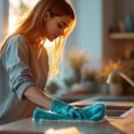 Femme essuyant un plan de travail de cuisine au crépuscule, lumière du soir dorée traversant une fenêtre, ambiance chaleureuse et naturelle, comptoir en bois, arrière-plan légèrement flou.