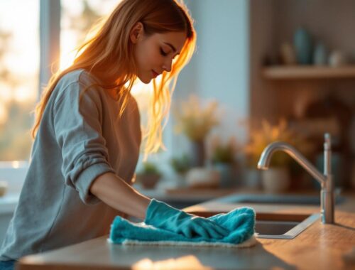 Femme essuyant un plan de travail de cuisine au crépuscule, lumière du soir dorée traversant une fenêtre, ambiance chaleureuse et naturelle, comptoir en bois, arrière-plan légèrement flou.