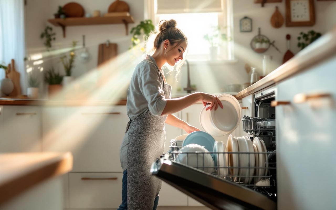Personne remplissant un lave-vaisselle dans une cuisine rangée et moderne, lumière du matin lumineuse traversant la pièce, meubles blancs, touches de bois et inox, moment naturel et réaliste.