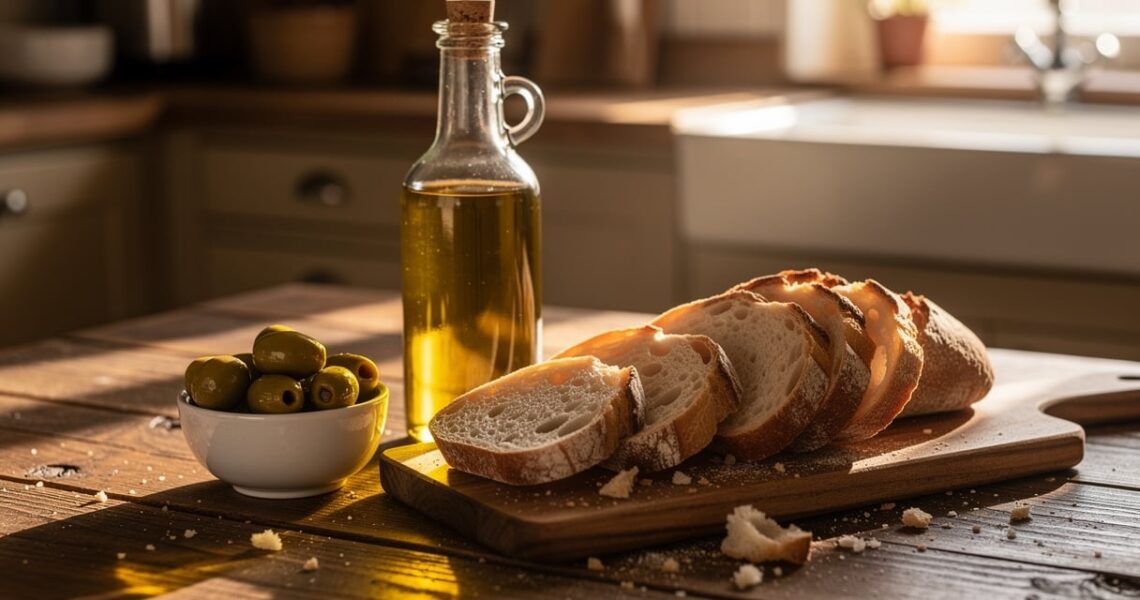 Bouteille d huile d olive doree sur une table en bois avec des olives fraiches et du pain