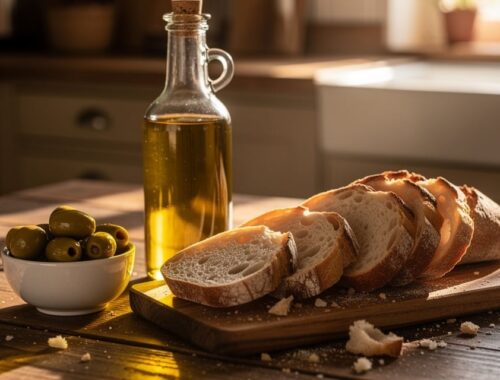 Bouteille d huile d olive doree sur une table en bois avec des olives fraiches et du pain