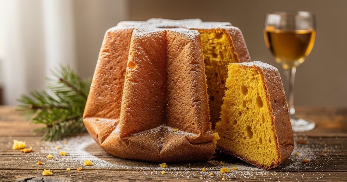 Pandoro de Vérone saupoudré de sucre glace sur une table en bois rustique