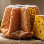 Pandoro de Vérone saupoudré de sucre glace sur une table en bois rustique