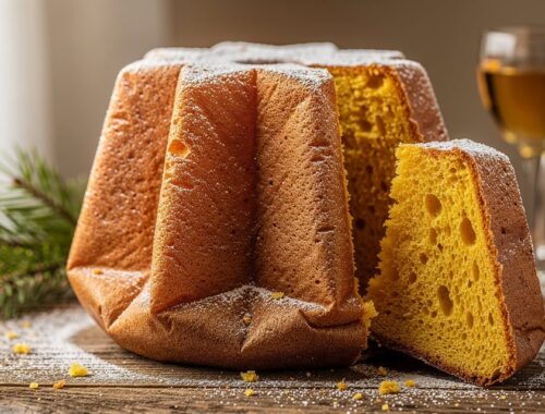 Pandoro de Vérone saupoudré de sucre glace sur une table en bois rustique
