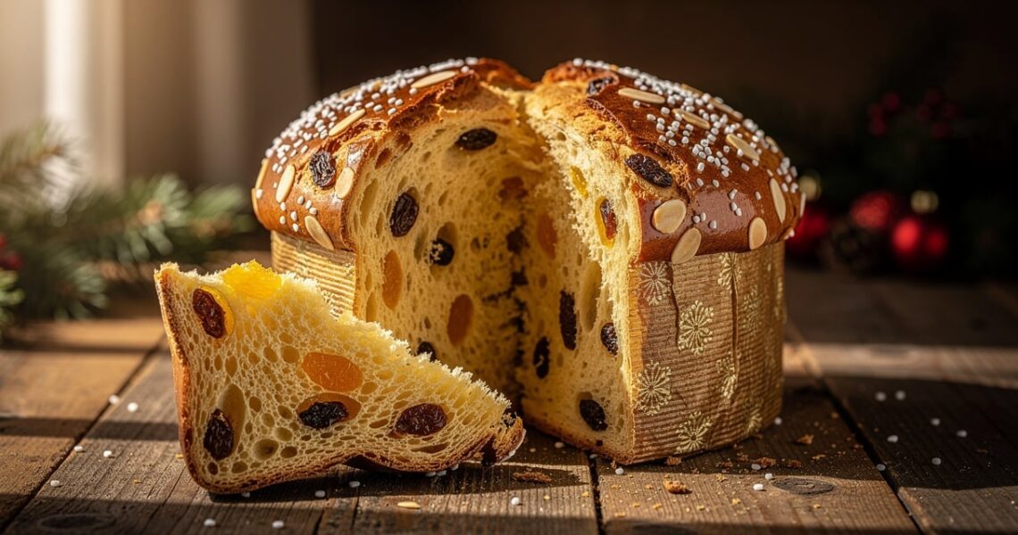 Panettone italien traditionnel doré tranché sur une table en bois