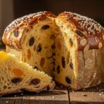 Panettone italien traditionnel doré tranché sur une table en bois