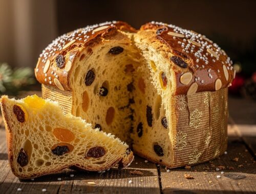 Panettone italien traditionnel doré tranché sur une table en bois