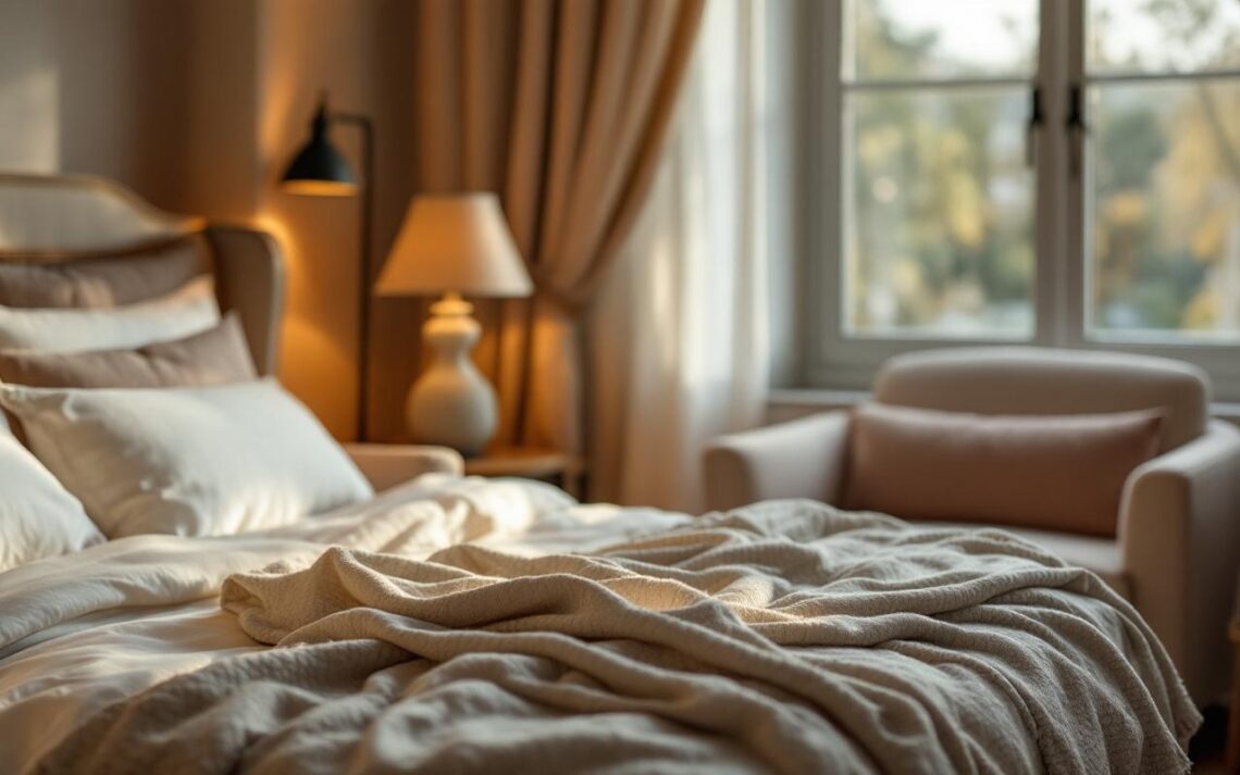 Chambre d’hôte chaleureuse avec lumière douce, mobilier élégant, linge soigne et ambiance confortable et accueillante.