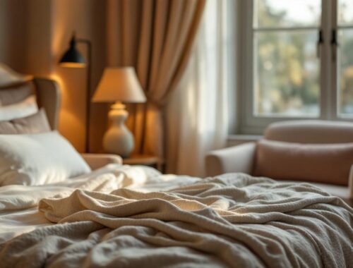 Chambre d’hôte chaleureuse avec lumière douce, mobilier élégant, linge soigne et ambiance confortable et accueillante.