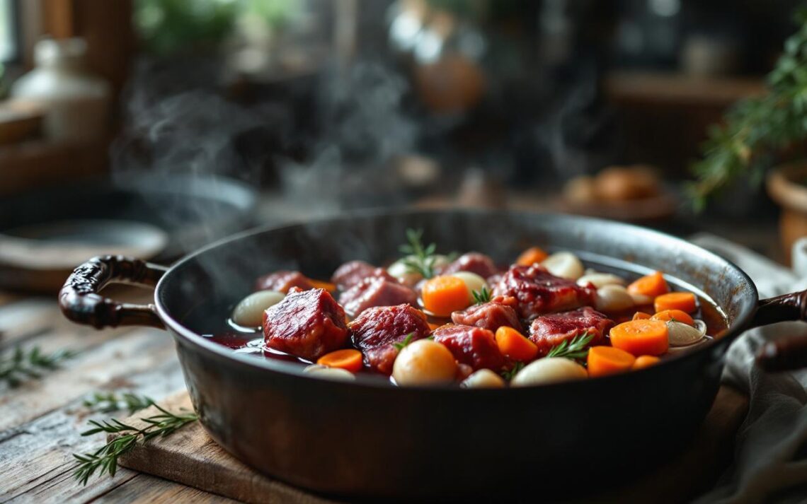 Civet de sanglier en préparation dans une cuisine rustique, avec de la viande marinée au vin rouge, des oignons, des carottes et un bouquet garni, sur une table en bois.