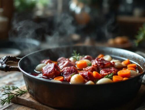 Civet de sanglier en préparation dans une cuisine rustique, avec de la viande marinée au vin rouge, des oignons, des carottes et un bouquet garni, sur une table en bois.