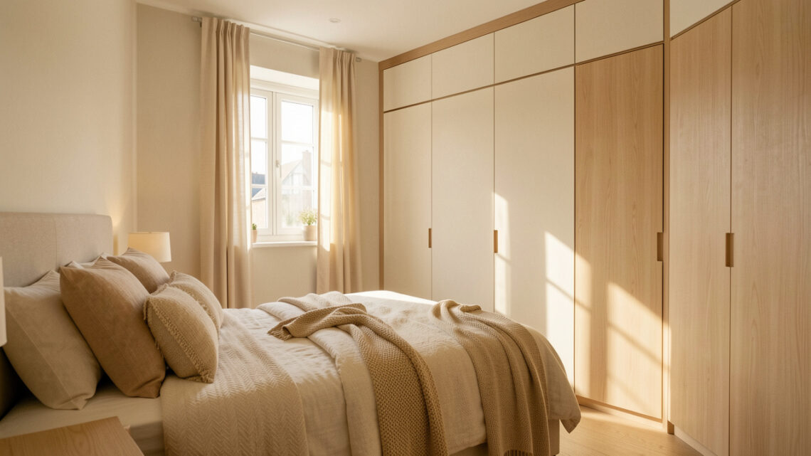 Petite chambre d’hôtes lumineuse et chaleureuse, avec textiles doux, décoration épurée et rangement discret, baignée par une lumière naturelle.