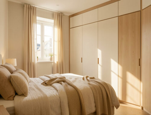 Petite chambre d’hôtes lumineuse et chaleureuse, avec textiles doux, décoration épurée et rangement discret, baignée par une lumière naturelle.