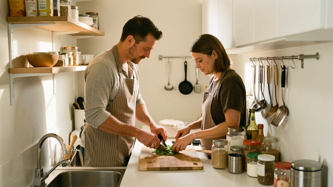 Un homme et une femme cuisinent ensemble dans une petite cuisine moderne en optimisant l’espace du plan de travail grâce à des rangements verticaux et des accessoires bien organisés.