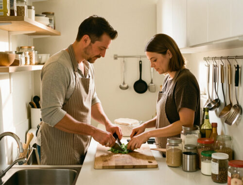 Un homme et une femme cuisinent ensemble dans une petite cuisine moderne en optimisant l’espace du plan de travail grâce à des rangements verticaux et des accessoires bien organisés.