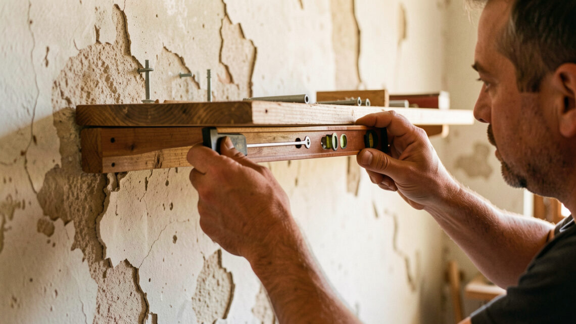 Un homme fixe avec précaution une étagère chargée sur un ancien mur en plâtre à l’aide d’outils et de chevilles adaptées.