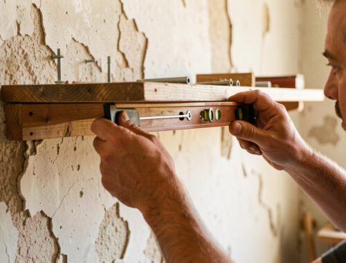 Un homme fixe avec précaution une étagère chargée sur un ancien mur en plâtre à l’aide d’outils et de chevilles adaptées.