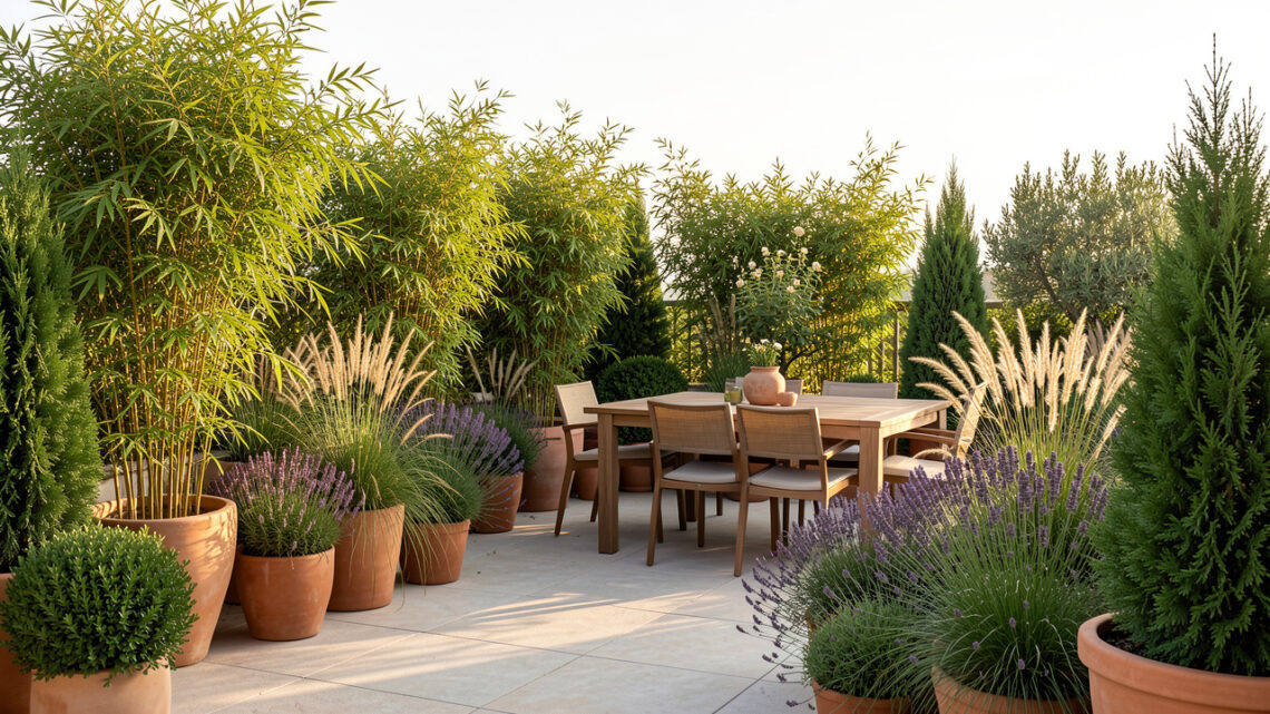 Terrasse lumineuse entourée de plantes en pots faciles à entretenir, protégeant discrètement le coin repas tout en laissant passer le soleil.