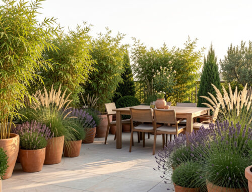 Terrasse lumineuse entourée de plantes en pots faciles à entretenir, protégeant discrètement le coin repas tout en laissant passer le soleil.