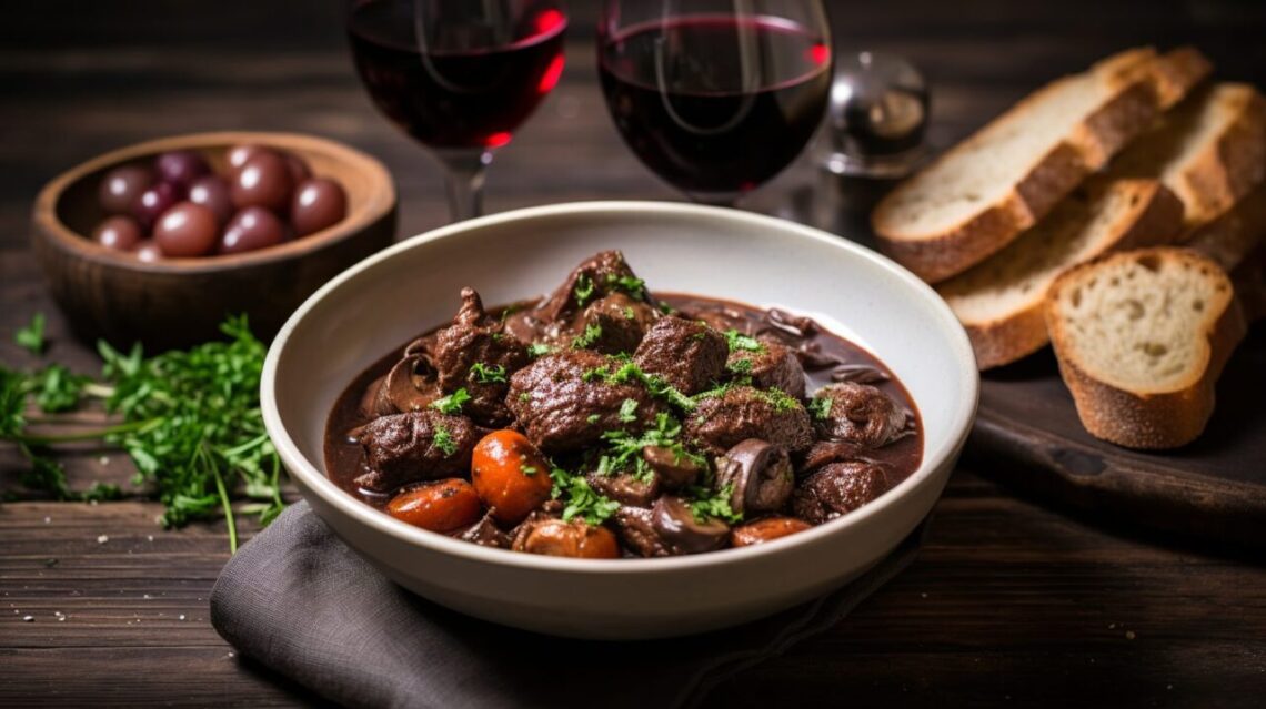 Une cocotte de bœuf bourguignon accompagnée d’un verre de vin rouge sur une table de cuisine.