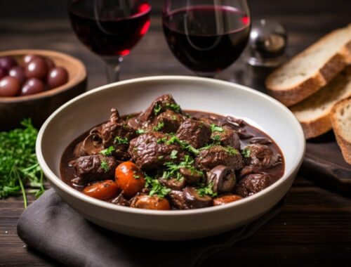 Une cocotte de bœuf bourguignon accompagnée d’un verre de vin rouge sur une table de cuisine.