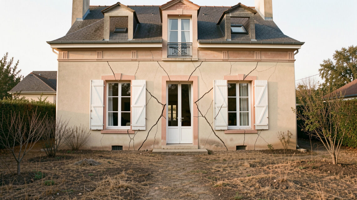 Façade d’une maison individuelle en France montrant des fissures obliques près des fenêtres, avec un jardin desséché après une période de sécheresse.