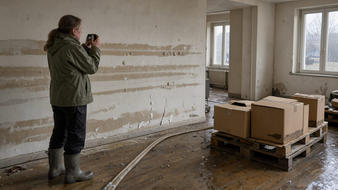 Intérieur d’une maison individuelle française après une inondation, avec des traces d’eau sur les murs, des cartons surélevés et une propriétaire photographiant les dégâts.
