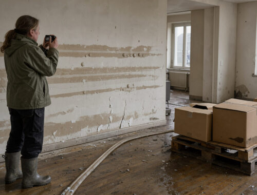 Intérieur d’une maison individuelle française après une inondation, avec des traces d’eau sur les murs, des cartons surélevés et une propriétaire photographiant les dégâts.